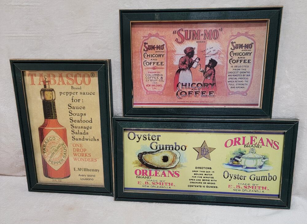 Three Framed Louisiana Prints - Sum-Mo Corn Syrup, Sugar Cane Syrup & Tabasco